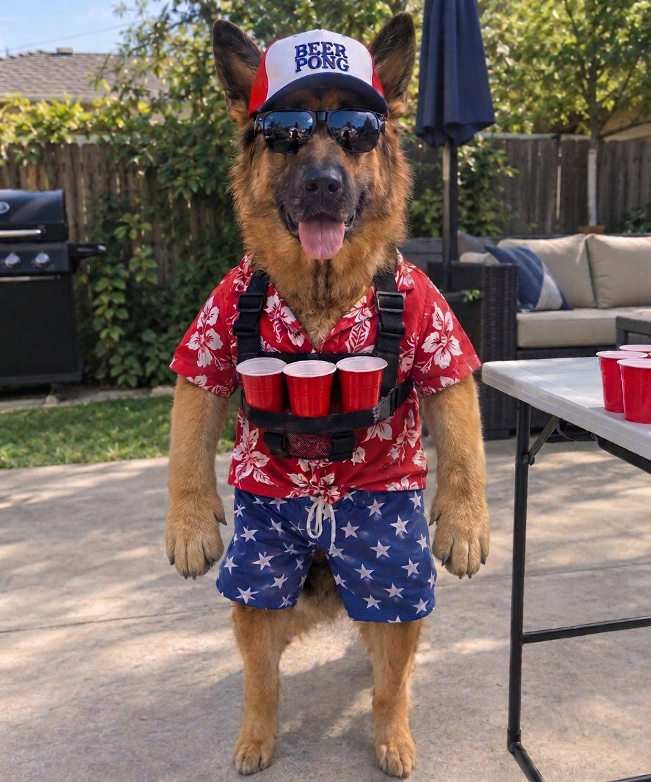 German Shepherd wearing the beer pong party outfit at a backyard party