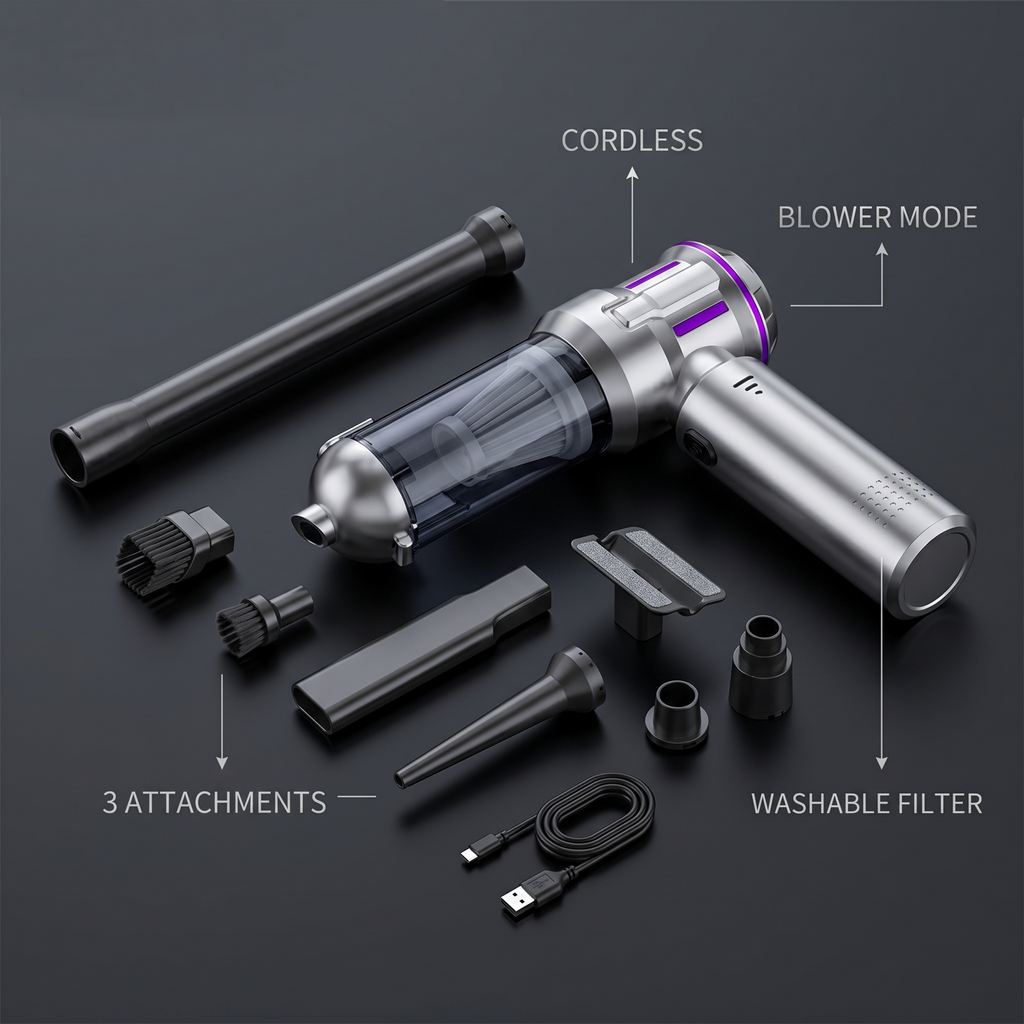Rovel Cordless Car Vacuum with attachments and features
