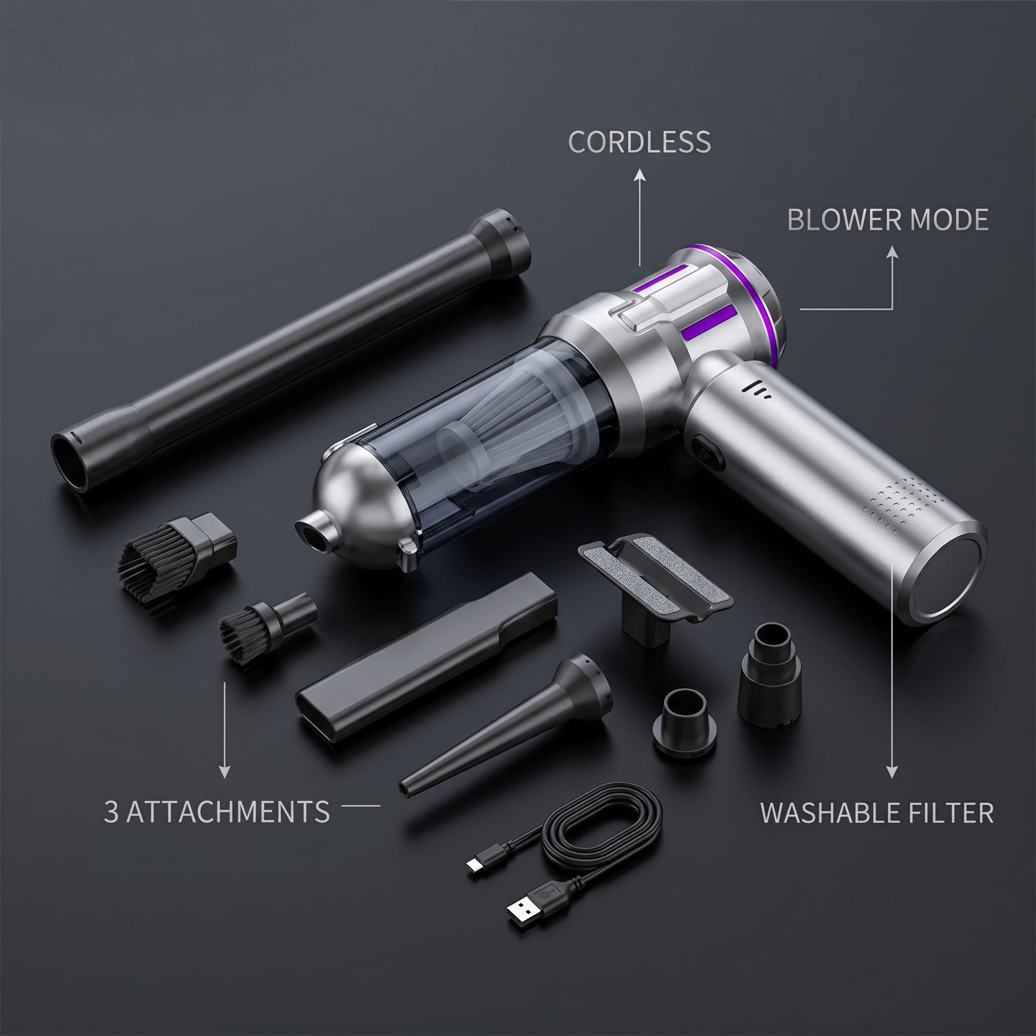 Rovel Cordless Car Vacuum with attachments and features