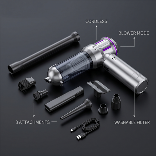 Rovel Cordless Car Vacuum with attachments and features