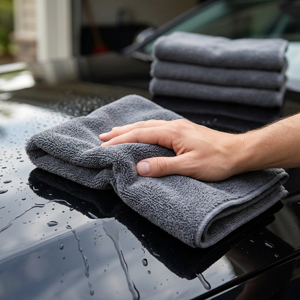 Rovel Premium Microfiber Car Towel Kit in use