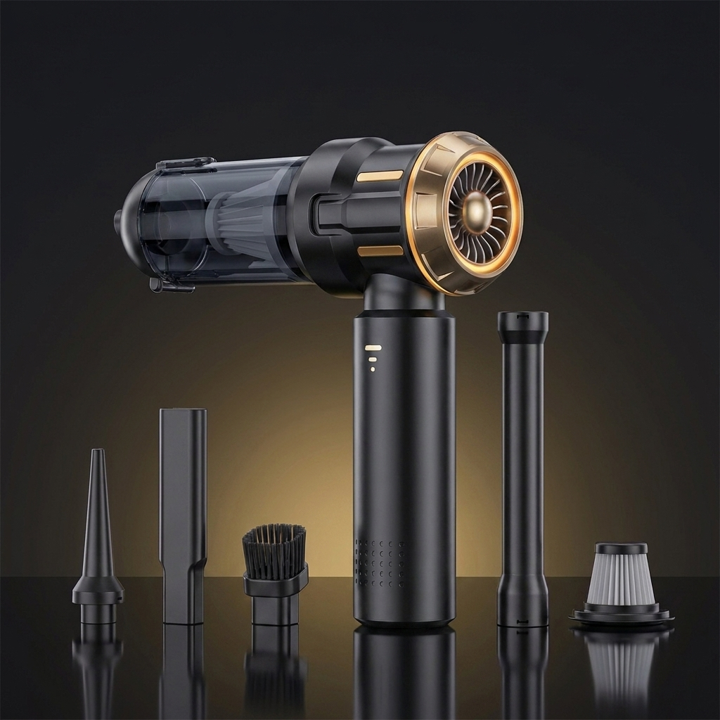 Rovel Cordless Car Vacuum - Black Gold colorway with attachments