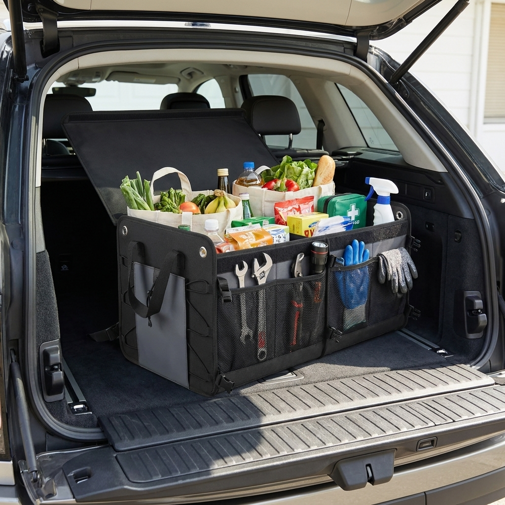 Rovel Collapsible Trunk Organizer filling an SUV trunk, holding groceries and gear