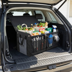 Rovel Collapsible Trunk Organizer filling an SUV trunk, holding groceries and gear