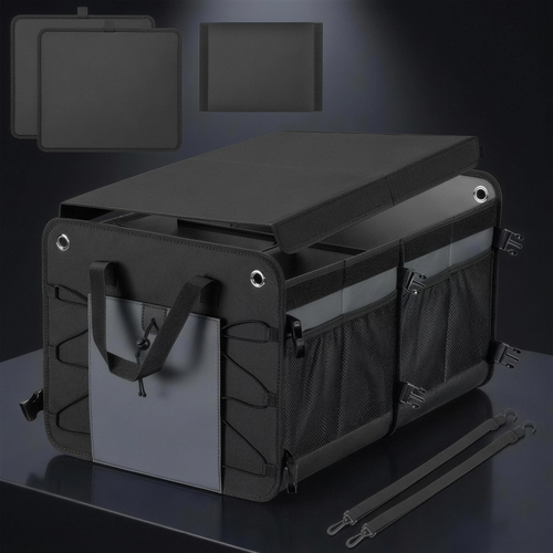 Rovel Collapsible Trunk Organizer with mats, straps and pockets on dark background