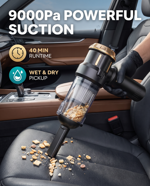Rovel cordless car vacuum with 9000Pa powerful suction, 40 minute runtime and wet and dry pickup, lifting crumbs from a car seat