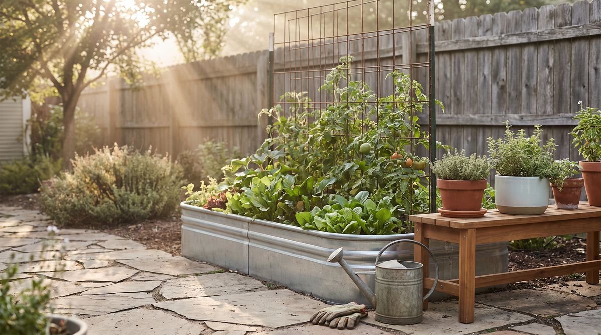 Backyard raised garden bed with vegetables and herbs in morning light