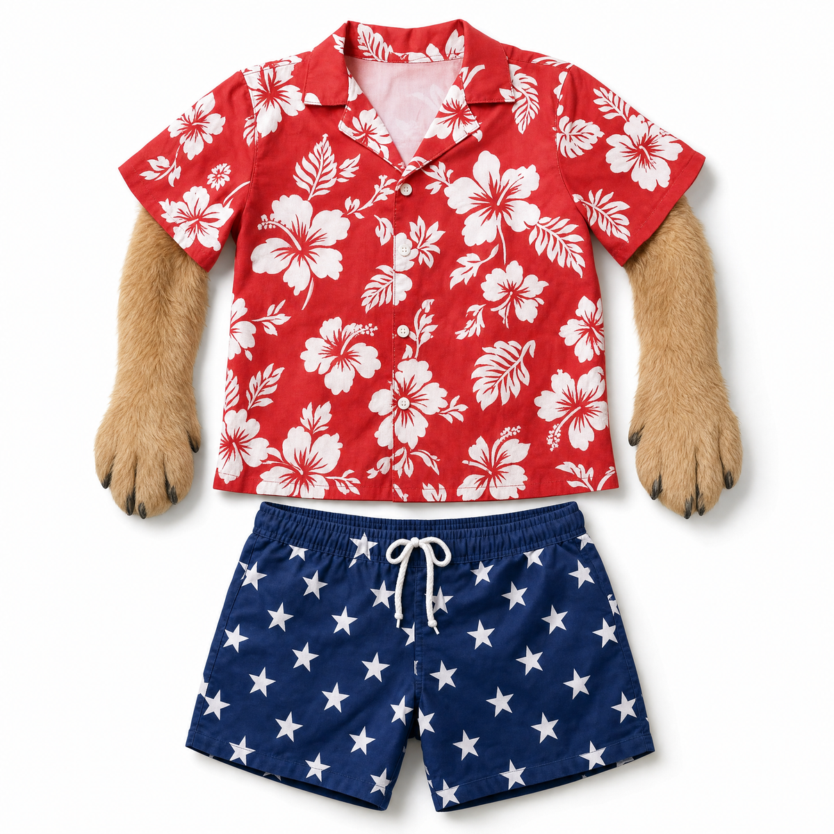 Party Pup outfit flat lay: Hawaiian shirt with arms and star shorts