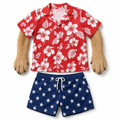 Party Pup outfit flat lay: Hawaiian shirt with arms and star shorts