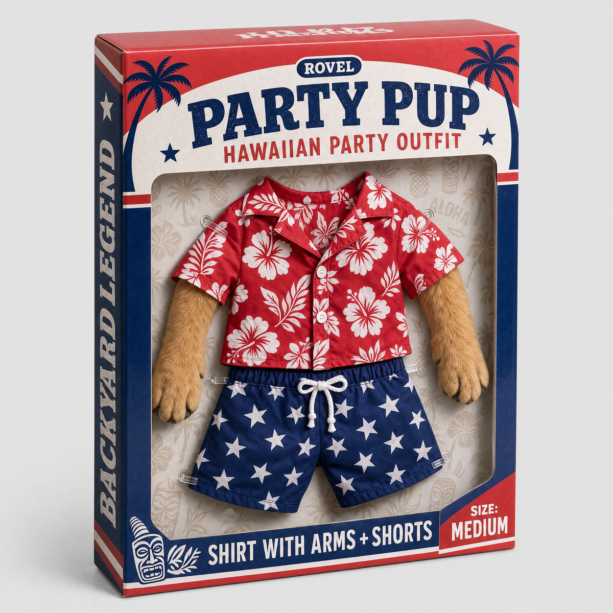 Rovel Party Pup Hawaiian Party Outfit in its retail box: shirt with arms and shorts
