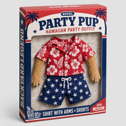 Rovel Party Pup Hawaiian Party Outfit in its retail box: shirt with arms and shorts