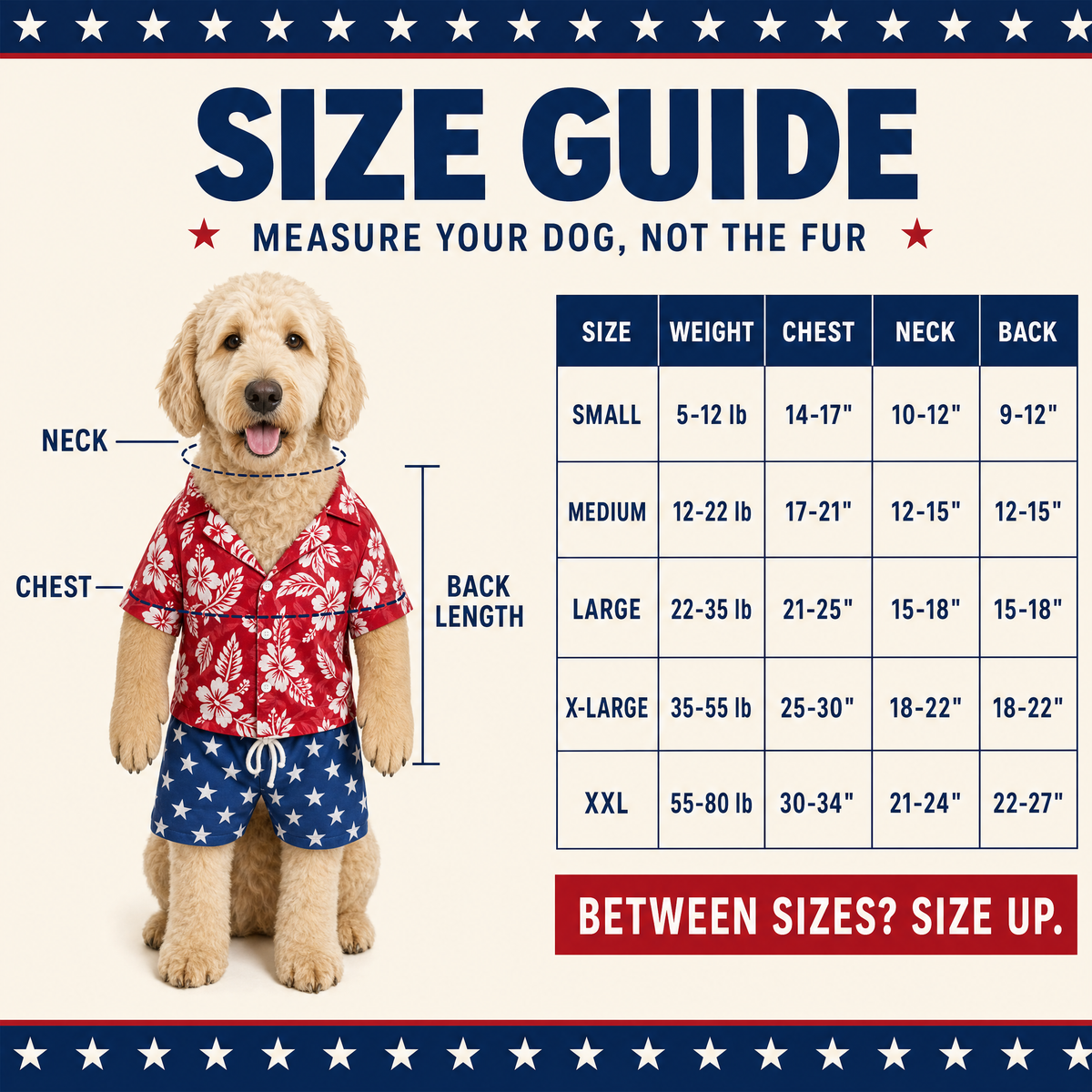 Party Pup size guide with chest, neck and back measurements
